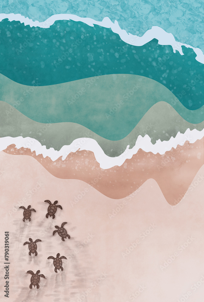 Newborn sea turtles going towards the water on sea coast. Top view marine baby sea turtles moving to the ocean. Marine life, sea turtles nesting seaon illustration concept. Free copy space. Newborn sea turtles going towards the water on sea coast. Top view marine baby sea turtles moving to the ocean. Marine life, sea turtles nesting seaon illustration concept. Free copy space.