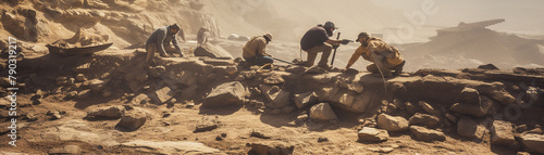 Excavation site with archaeologists carefully uncovering a large fossil, dusty environment, capturing the moment of discovery