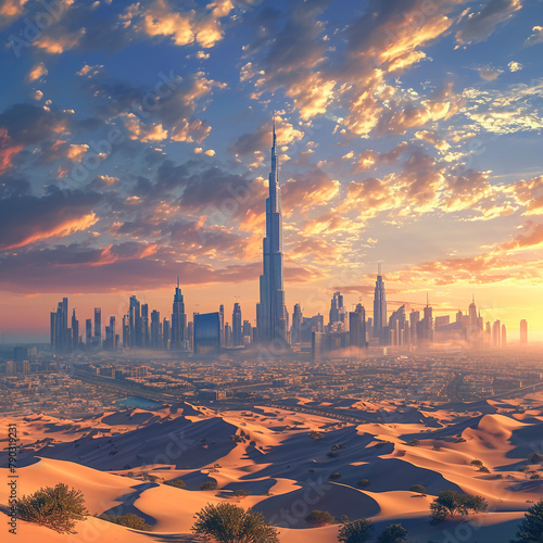 Dubai city skyline at sunset seen from the desert
