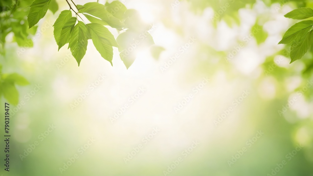 summer green foliage of tree leaves and a bright sunny bokeh background.