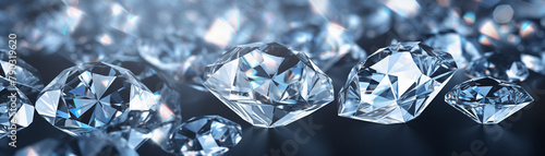Macro shot of multiple diamonds scattered on a reflective surface, sparkling under bright light, luxury and wealth concept photo