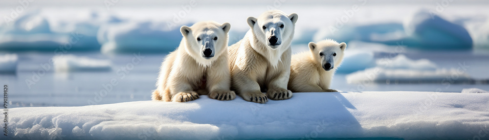 Polar bears on a shrinking ice floe, Arctic setting, highlighting the threat of habitat loss due to global warming Polar bears on a shrinking ice floe, Arctic setting, highlighting the threat of habitat loss due to global warming