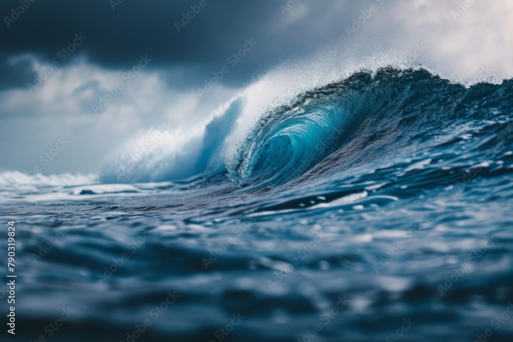 A powerful and towering wave crashes violently in the middle of the ...