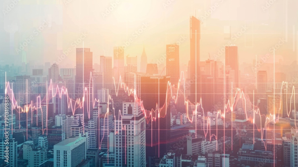 Financial chart on city scape with tall buildings background multi exposure. Analysis concept. Financial chart on city scape with tall buildings background multi exposure. Analysis concept.