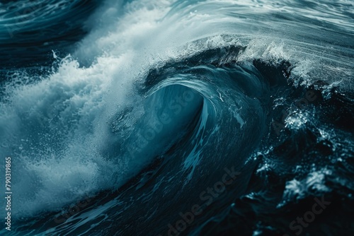 A towering wave crashes forcefully in the vast expanse of the ocean, creating a magnificent display of natures power, Close-up of a swelling wave in mid-ocean, AI Generated