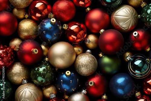 Place a variety of Christmas balls in different sizes  textures  and colors throughout the composition. Ai generated