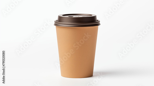Brown colored paper coffee cup with black lid on white background