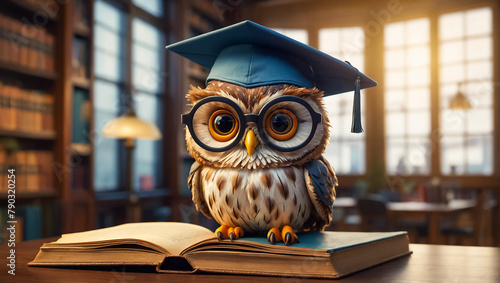 Cute owl wearing a bachelor's cap in the library educational