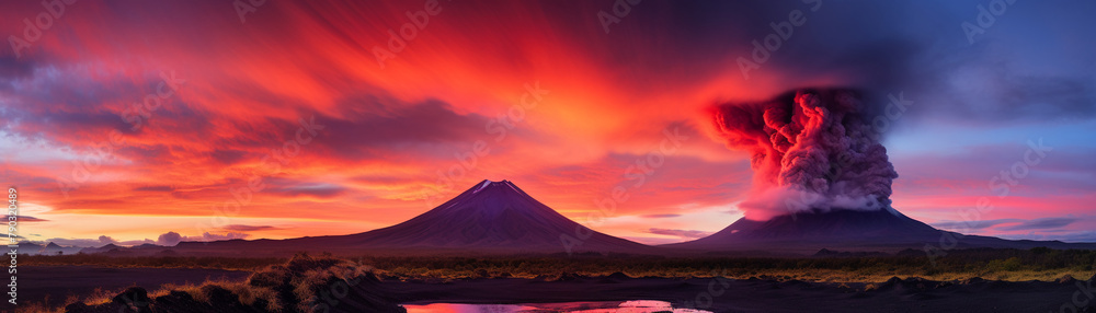 Timelapse image of a volcanic eruption at sunset, capturing the changing colors of the sky and the fiery lava streams in a single frame