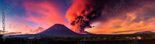 Timelapse image of a volcanic eruption at sunset, capturing the changing colors of the sky and the fiery lava streams in a single frame © PARALOGIA