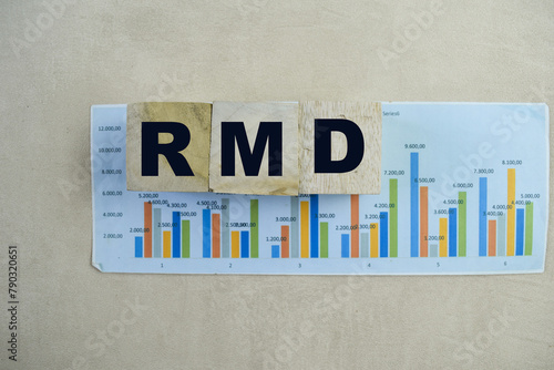 Concept of The wooden Cubes with the word RMD - Requirement Minimum Distributions on wooden background. photo