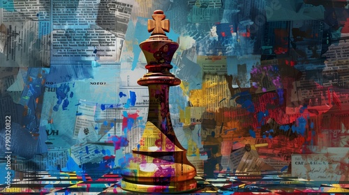 Chess king figure in colorful newspaper scraps style photo