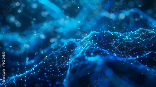 3d rendering of abstract blue particles wave flow with depth of field and bokeh light effect on dark background
