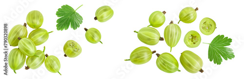 Green gooseberry isolated on white background with full depth of field. Top view. Flat lay photo