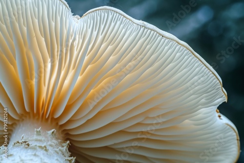 A detailed photograph showcasing a mushroom up close, with a blurred background creating a shallow depth of field effect, Close-up shot of a mushroom's gills, AI Generated