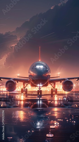 An airplane on the runway at night