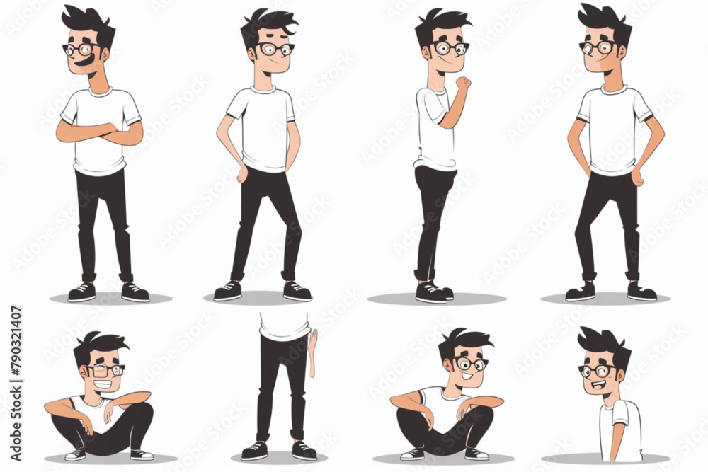 Set of happy male character in different poses on white background. A man with glasses vector icon, white background, black colour icon