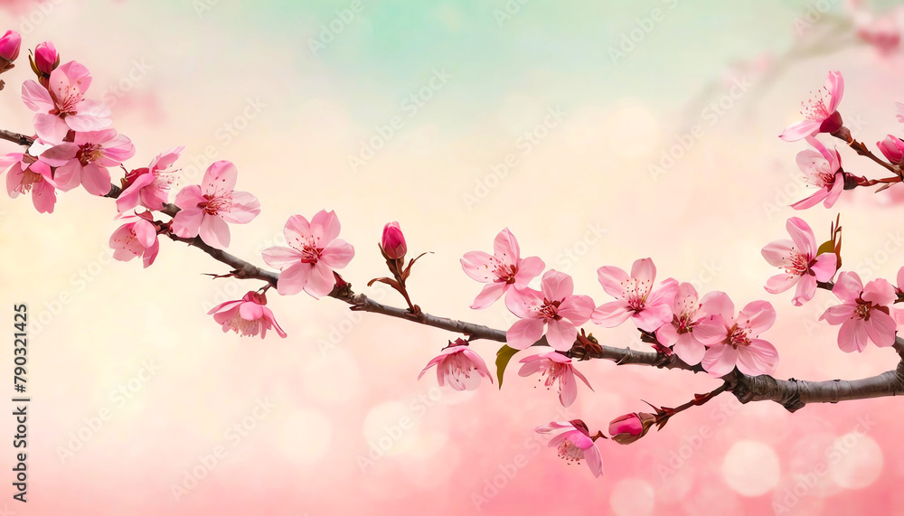 On a simple background, a cherry blossom branch with pink blossoms 