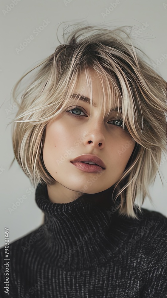Beautiful blonde girl with bob hairstyle in black sweater close up Beautiful blonde girl with bob hairstyle in black sweater close up