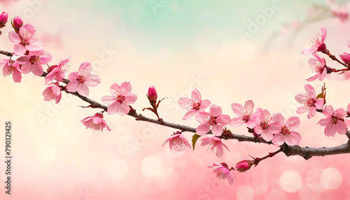 On a simple background  a cherry blossom branch with pink blossoms 