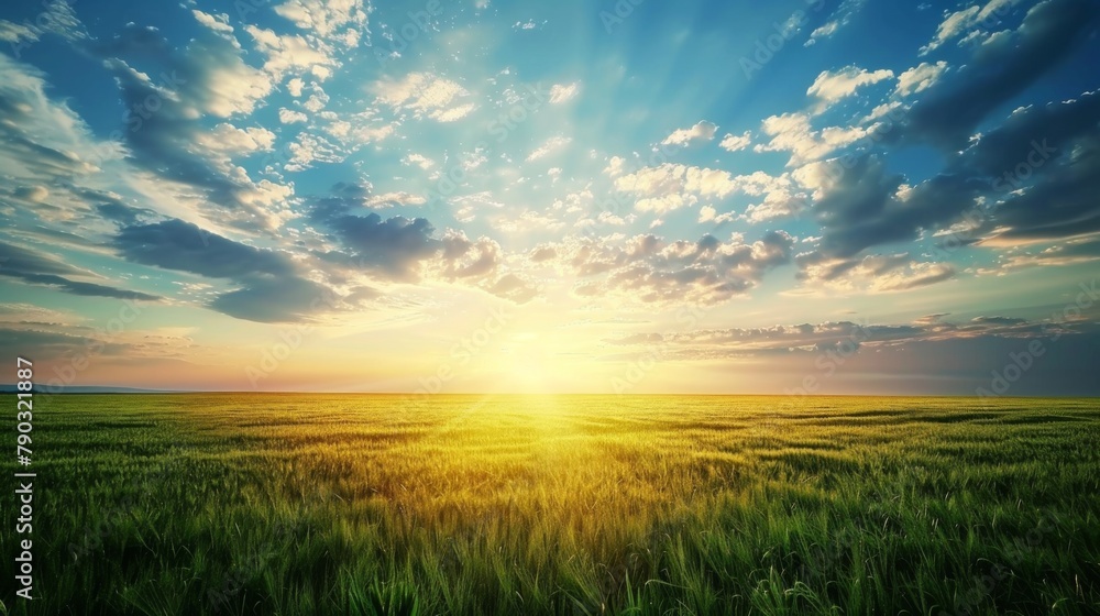 green field of winter wheat and and beautiful sky with clouds in the evening