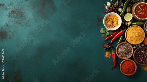 Top view composition with various types of natural aromatic spices  peppers and herbs arranged on a tray on a blue background  with powdered spices scattered on the surface