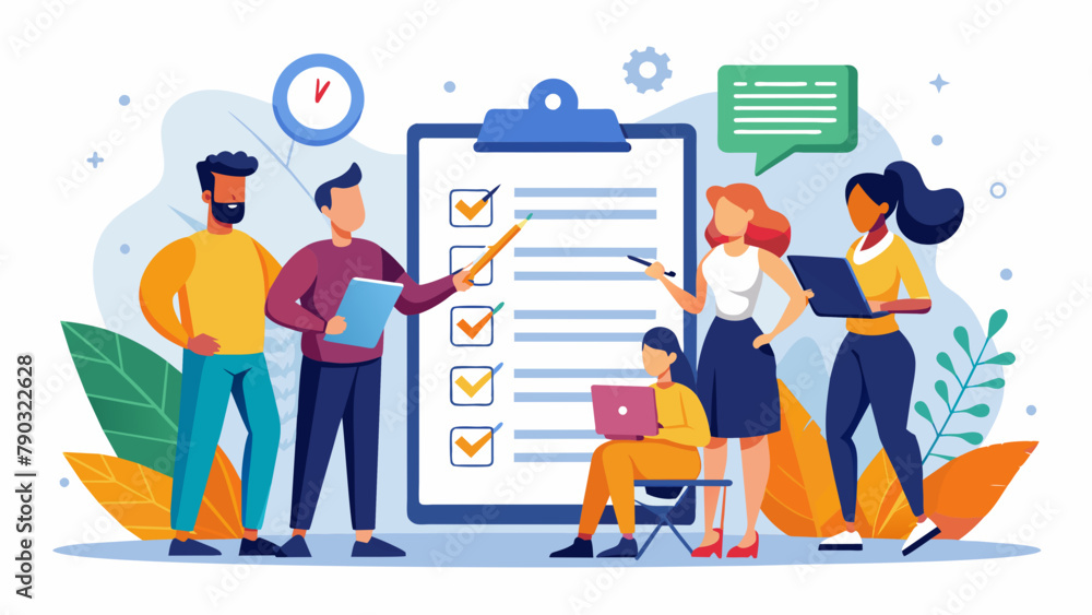 A group of five stylized characters are engaged in what appears to be a team discussion or project planning session. A large clipboard with checkmarks dominates the center of the composition.AI genera A group of five stylized characters are engaged in what appears to be a team discussion or project planning session. A large clipboard with checkmarks dominates the center of the composition.AI genera