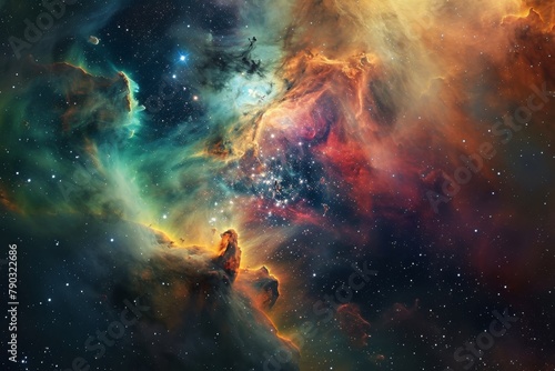 A vibrant and dynamic space scene featuring numerous stars that fill the frame with vivid colors and brilliance, Coalescence of colors in a distant nebula, AI Generated