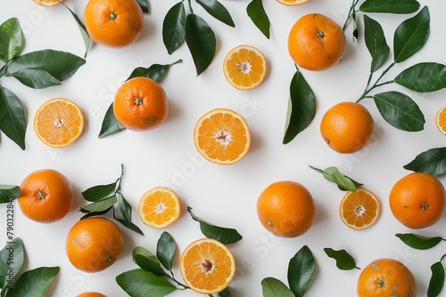oranges with leaves on white background photo