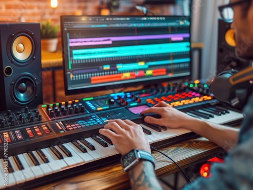 A man is playing a keyboard in front of a computer monitor. The keyboard is a large, colorful instrument with many keys photo