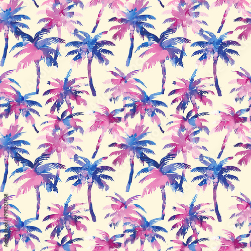 Ethereal watercolor palm trees in pastel shades, forming a dreamlike tropical pattern.