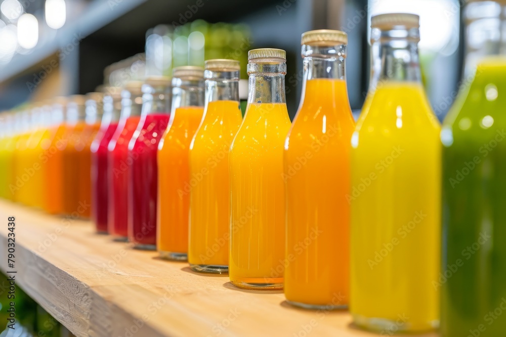 A row of bottles filled with various colored drinks, neatly arranged for display, Cold press juices in recyclable glass bottles, AI Generated A row of bottles filled with various colored drinks, neatly arranged for display, Cold press juices in recyclable glass bottles, AI Generated