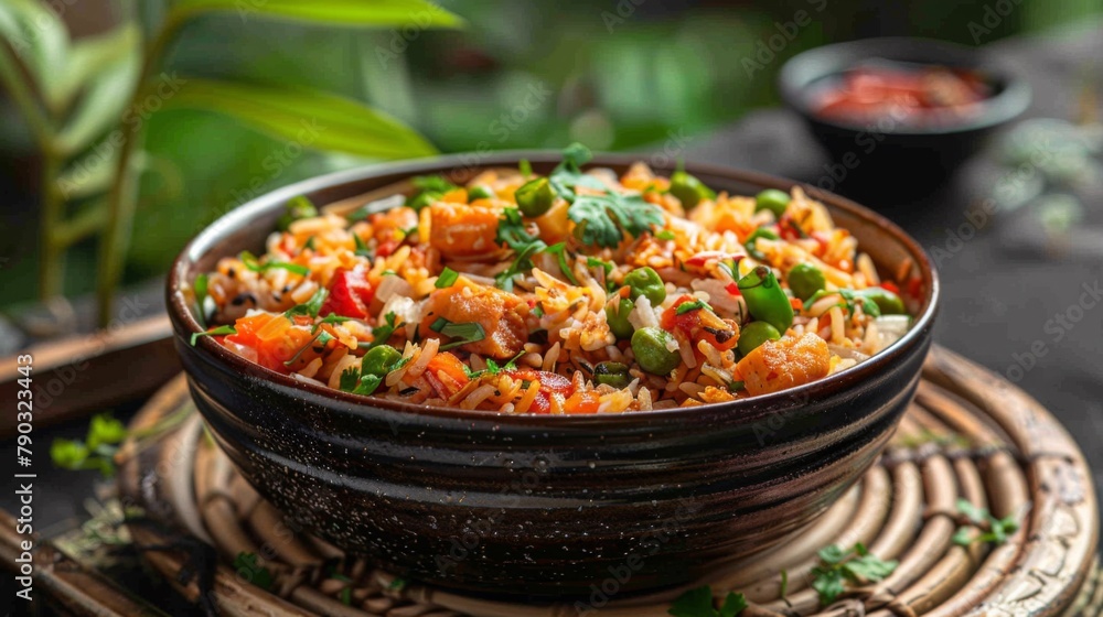 A bowl of food on a table with some other items, AI A bowl of food on a table with some other items, AI