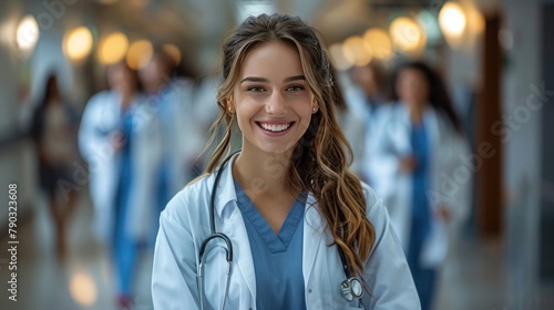 Portrait of smiling young female doctor with a stethoscope against the backdrop of her colleagues and a blurred clinic hallway