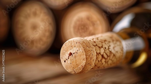 A close up of a bottle cork with wine corks stacked on top, AI photo