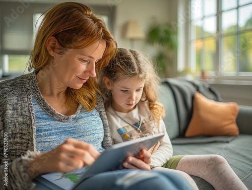 A woman and a child are sitting on a couch, looking at a tablet. The woman is pointing at something on the screen, and the child is watching intently. Concept of bonding and learning