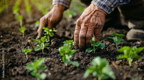 Hands of the farmer are planting the seedlings into the soil