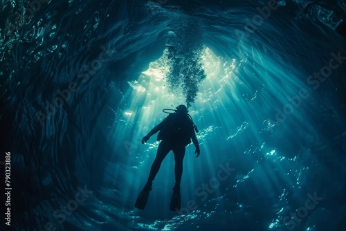 Solitary scuba diver ventures into the mesmerizing depths, with beams of light filtering through the water's surface © AIchemist