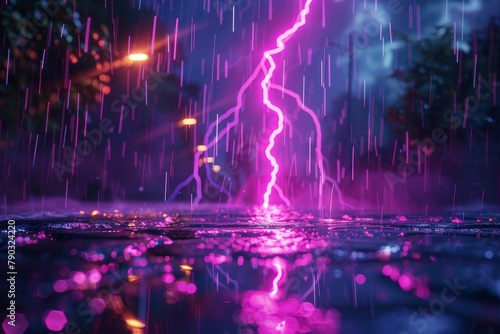Bright purple lightning bolt strikes in intense electrical storm with visible charged particles, creating a dramatic powerful night scene