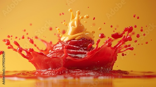 A vibrant mixture of red and yellow liquid bursts forth, creating a dynamic splash as it merges with the water below.