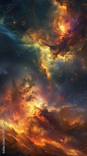 Artistic interpretation of a starling-shaped nebula set against a dark cosmic canvas, emphasized with bursts of light and color, suitable for creative projects and space-themed art collections