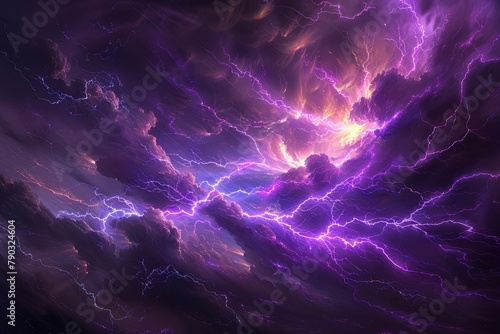 Bright purple lightning bolt in an intense electrical storm, charged particles visible, dramatic and powerful night weather scene