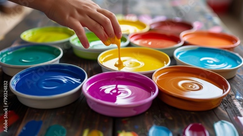 A person dipping a finger into paint in several bowls, AI