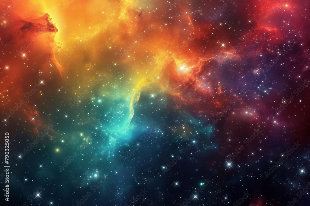 Fototapeta premium The photo shows a vibrant and luminous space filled with numerous stars, captivating the viewer with its vibrant colors and vastness, Colorful space nebula designed in abstract form, AI Generated