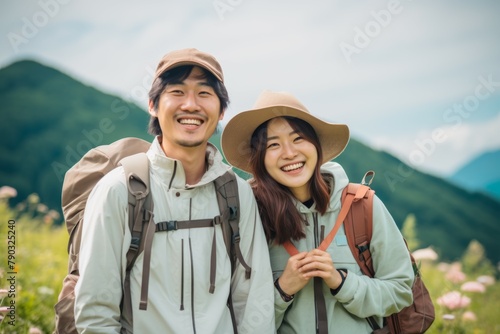 beautiful happy korean couple enjoying summer hiking outdoor camping alpin mountain view daylight 