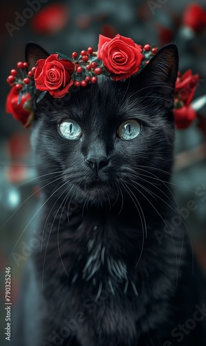 beautiful black cat with red rose flower wreath crown on its head.  photo