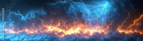 In a stormy night, lightning strikes fiercely from sky to earth, showcasing power and tempestuous scene