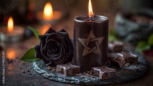 brown candle with a star symbol, black rose floer and dark chocolate pieces. photo