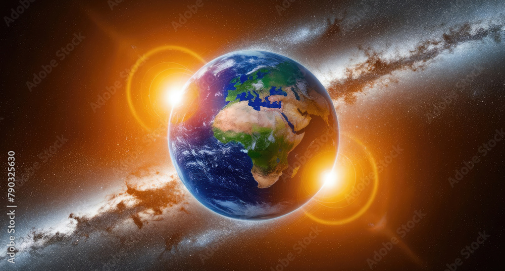 Fototapeta premium The Earth floating in a fantasy space galaxy, and celestial bodies shimmer in the background. Generative AI