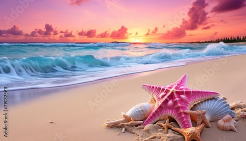 View of the beach waves is truly amazing and creates wisps of white foam on the shoreline, with stunning vibrant reflections of sunlight, sea creatures, shells, starfish and turtles walk on the beach  © Virgo Studio Maple